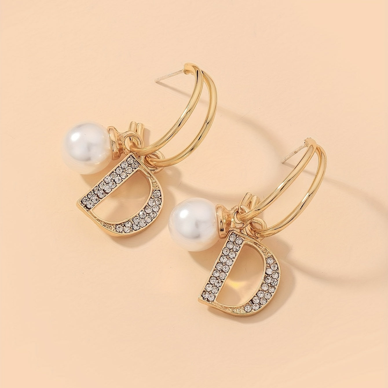 Hollow Letter D Design With Shiny Rhinestone Faux Pearl Decor Golden Dangle Earrings Japanese/ Korean Style Alloy Jewelry Female Gift