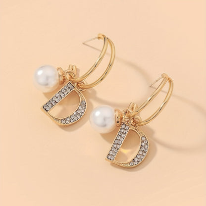 Hollow Letter D Design With Shiny Rhinestone Faux Pearl Decor Golden Dangle Earrings Japanese/ Korean Style Alloy Jewelry Female Gift