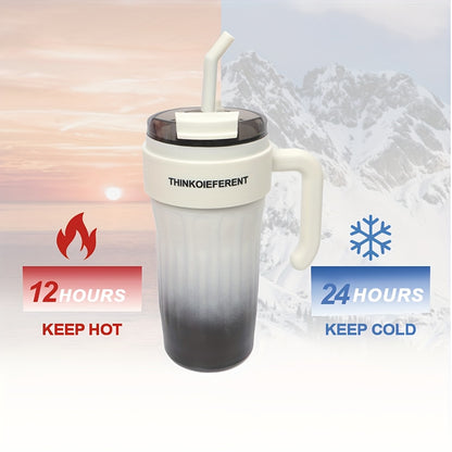 1pc 780ml/28oz Stainless Steel Insulated Cup with Handle, Double-Layer Vacuum Insulated Coffee Cup, Leak-Proof and Drop-Proof with Lid and Straw, Perfect Holiday Gift for Friends, Suitable for Outdoor Fitness, Camping and Tra