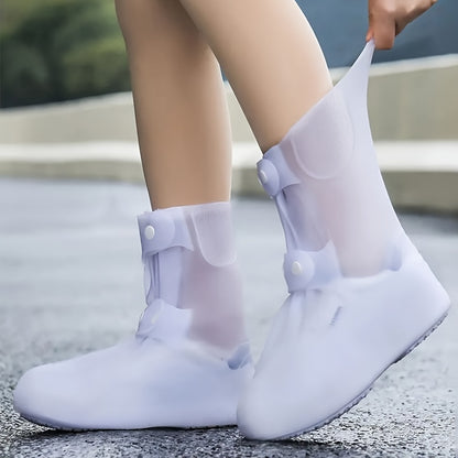 Waterproof Shoe Covers for Outdoor Work, Cycling, Skiing - Non-Slip, Durable, Soft Plastic with Adjustable Straps, White with Purple Accents, Ideal for Wet Conditions, Cycling Accessories, Sleek Design, Secure Fit Design, Wom