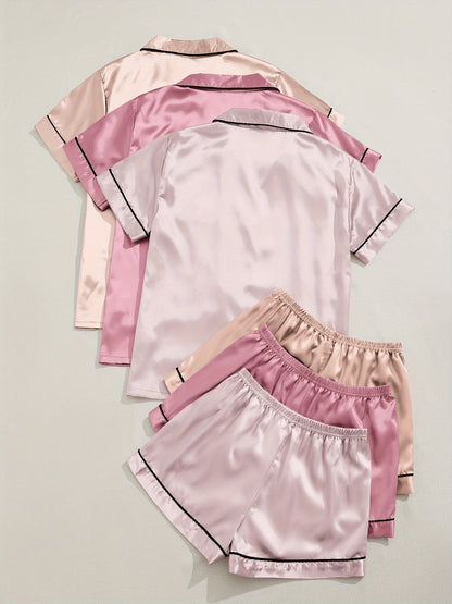 3 Sets Satin Pajama Set, Short Sleeve Lapel Top &amp; Elastic Waistband Shorts, Women's Sleepwear &amp; Loungewear