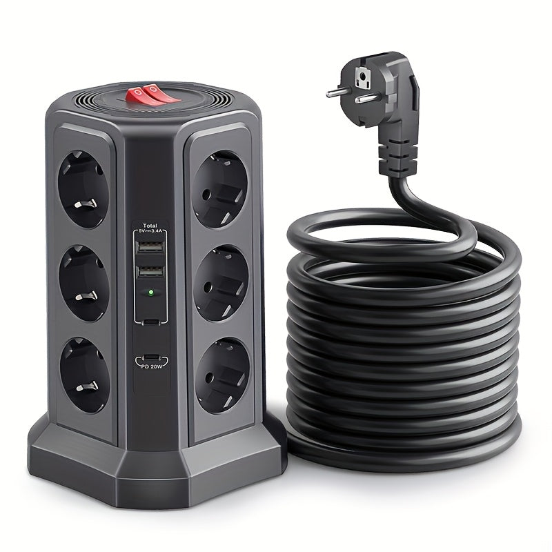 EU Multifunctional Power Tower Plug with 2 USB A Ports And 2 USB C Ports, HAFINO Triple 12-position Multi-socket Power Strip with PD 20W Fast Charging (4000W 16A) for Home And Office Scenarios