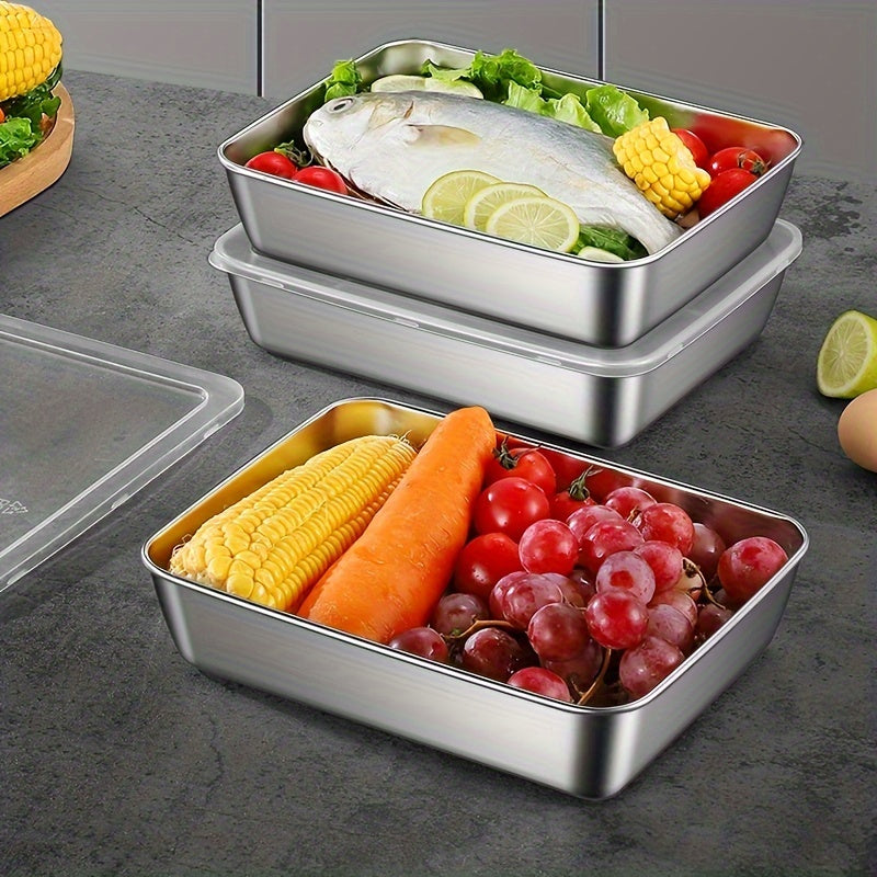 5pcs Stainless Steel Food Storage Containers, Stackable with Sealed Lids, Microwave Safe, Flip Top, Square Shape, for Salad, Fruit, Food Storage, Kitchen Organization, Refrigerator Freshness, Freezer Safe, Multi-purpose Meal