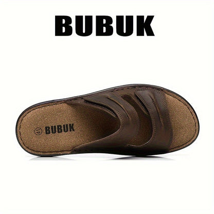 BUBUK Men's Genuine Leather Slip-On Slippers Sandals - Full-Grain Cowhide Upper, Adjustable Strap & Buckle, Black Heavy-Sole (PU/Fabric) for Beach, Casual, Outdoor - Comfortable All-Terrain Walking Shoes - Durable Leather Foo