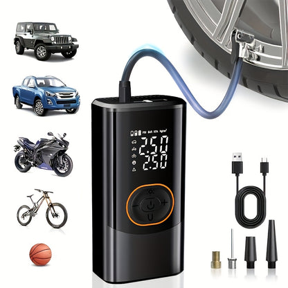 Portable Air Compressor with Digital Pressure Gauge, 150PSI Rechargeable Battery, LED Light, Wireless Tire Pump for Cars, Motorcycles, Bicycles, etc., Black, Motorcycle Tire Inflation, Compact Design, Durable Construction, Us