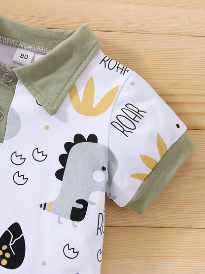 Boys' Summer Collared Animal Print Short Sleeve Shorts Set, Perfect for Outdoor