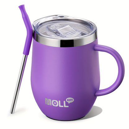 Mollcity 12oz Stainless Steel Tumbler with Straw & Spill-Proof Lid - Double-Wall Vacuum Insulated Cup, Pastel Pink ( purple), Leakproof Travel Mug, BPA-Free, Non-Slip Base & Ergonomic Handle for Women, Office, Gym, Outdoor -