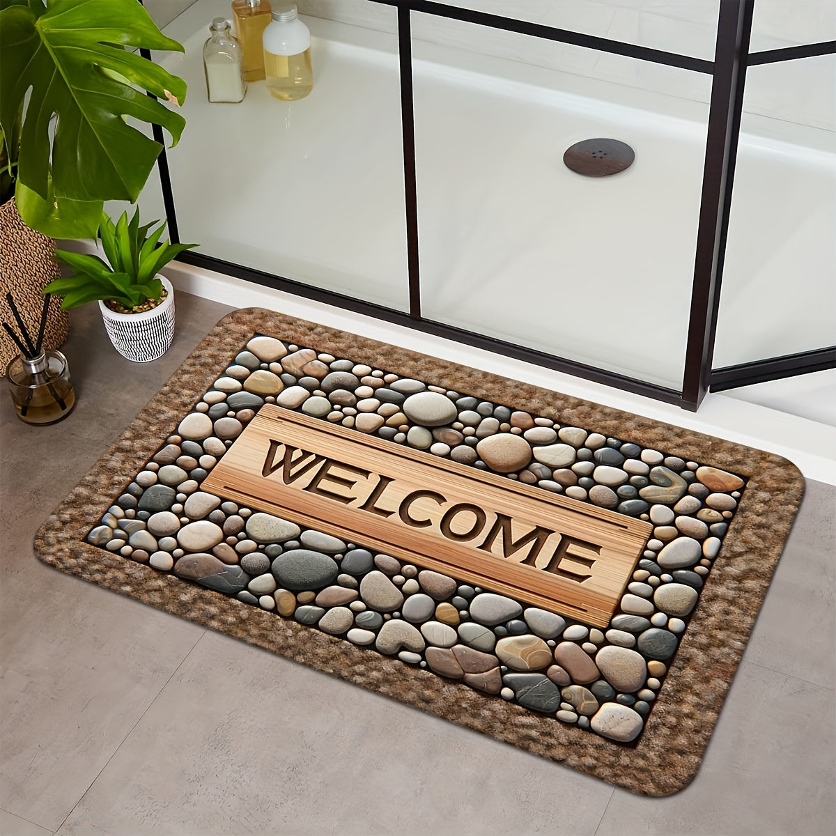 2D Welcome Home Non-Slip Door Mat - Durable, Machine Washable Mat with Stone Pattern &amp; Wood Texture Design - Perfect for Farmhouse Decor, All-Season Use, Polyester Material, Welcoming Entrance Mat | Natural Look Rug | Wooden