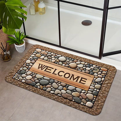 2D Welcome Home Non-Slip Door Mat - Durable, Machine Washable Mat with Stone Pattern &amp; Wood Texture Design - Perfect for Farmhouse Decor, All-Season Use, Polyester Material, Welcoming Entrance Mat | Natural Look Rug | Wooden