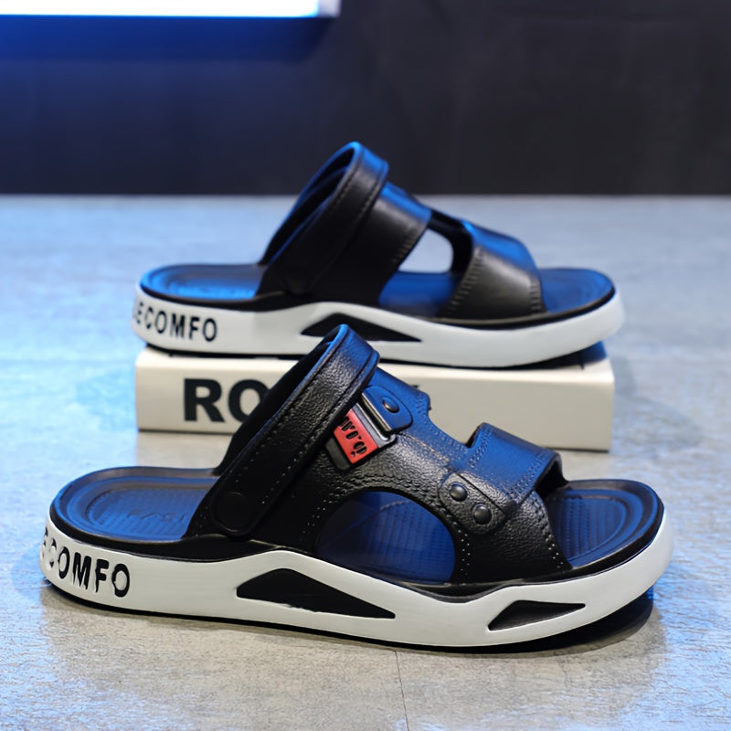 Sandálias de verão para homem, estilo slide - Confortáveis ​​em EVA, pretas com detalhes em branco, tira ajustável com fecho de velcro, design casual de bico aberto para uso exterior, sandálias de verão.