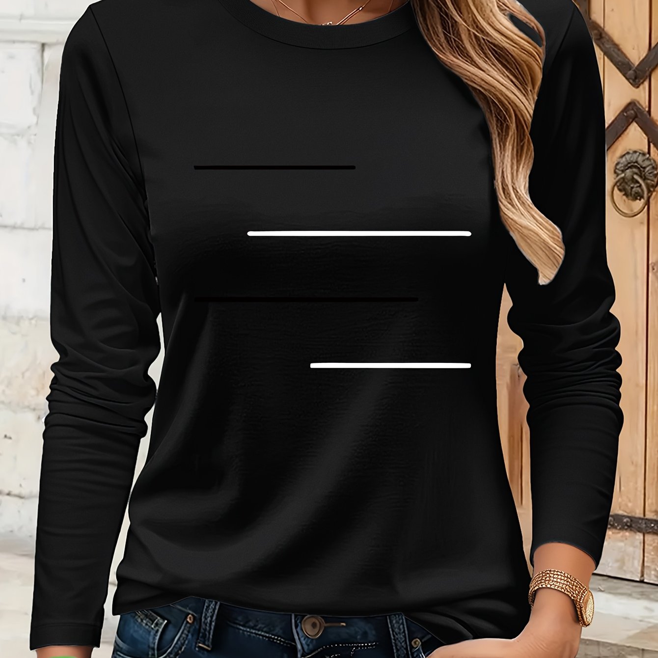 Simple Black and White Parallel Stripe Pattern Print T-Shirt, Suitable for Family Travel, Vacation, Casual, Parent- Matching Tee 9734