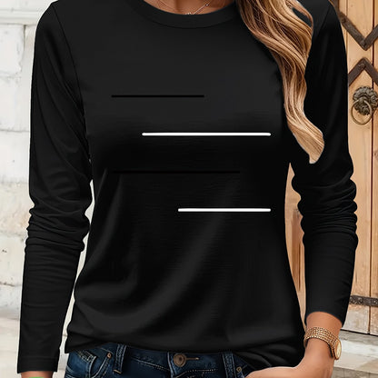 Simple Black and White Parallel Stripe Pattern Print T-Shirt, Suitable for Family Travel, Vacation, Casual, Parent- Matching Tee 9734