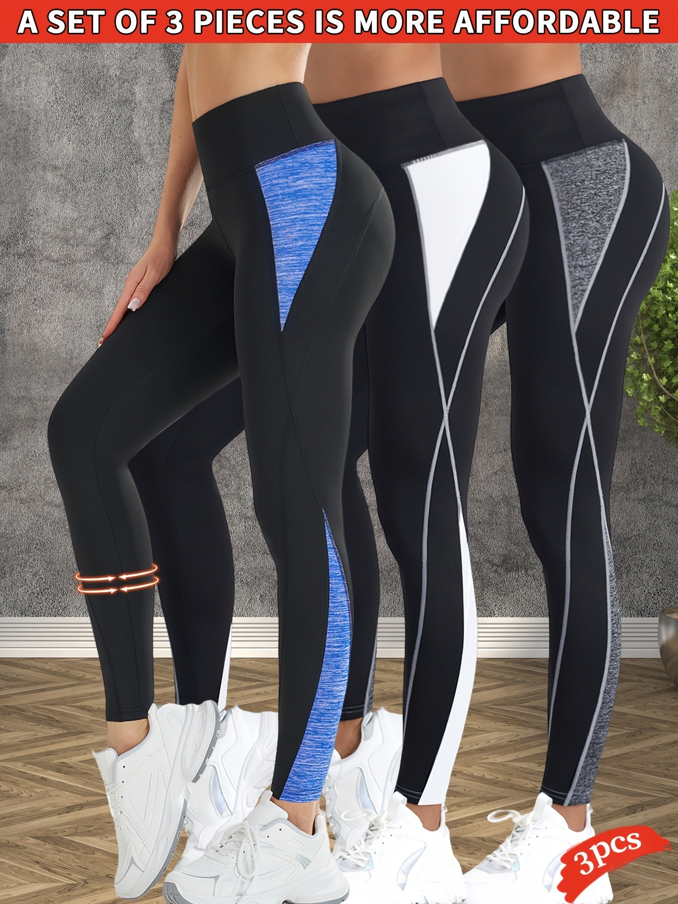 3-Pack Women's High-Waisted Yoga Pants - Tummy Control Butt-Lifting Workout Leggings, Breathable Stretchy Fitness Pants with Color-Block Design for Gym Running Training, Spring Summer Fall Essentials, Seasonal Activewear, Con