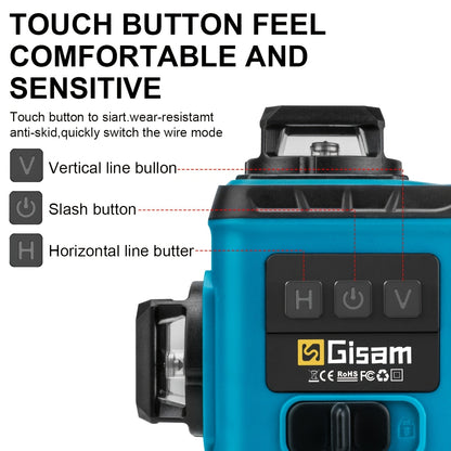 Gisam Multifunctional 16 Lines 4D Green Laser Level with Tripod & App Control, 360° Self-Leveling Horizontal & Vertical Cross Lines, USB & Battery Powered, Includes Carrying Case, Super-Powerful Beam, Portable Design for Ind