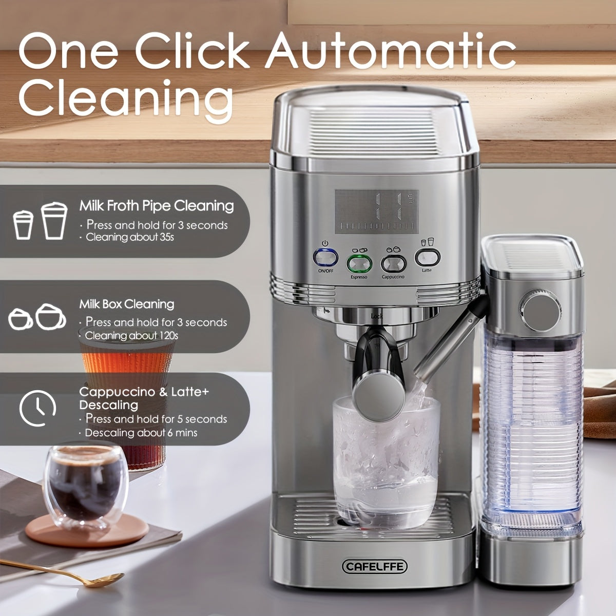 CAFELFFE Semi-Automatic Espresso Machine MK801 with Automatic Milk Frothing System, One-Touch Operation for Espresso, Latte & Cappuccino, 20BAR High Pressure, 1.3L Water Tank & 0.7L Milk Tank, Self-Cleaning Function, 1350W Po