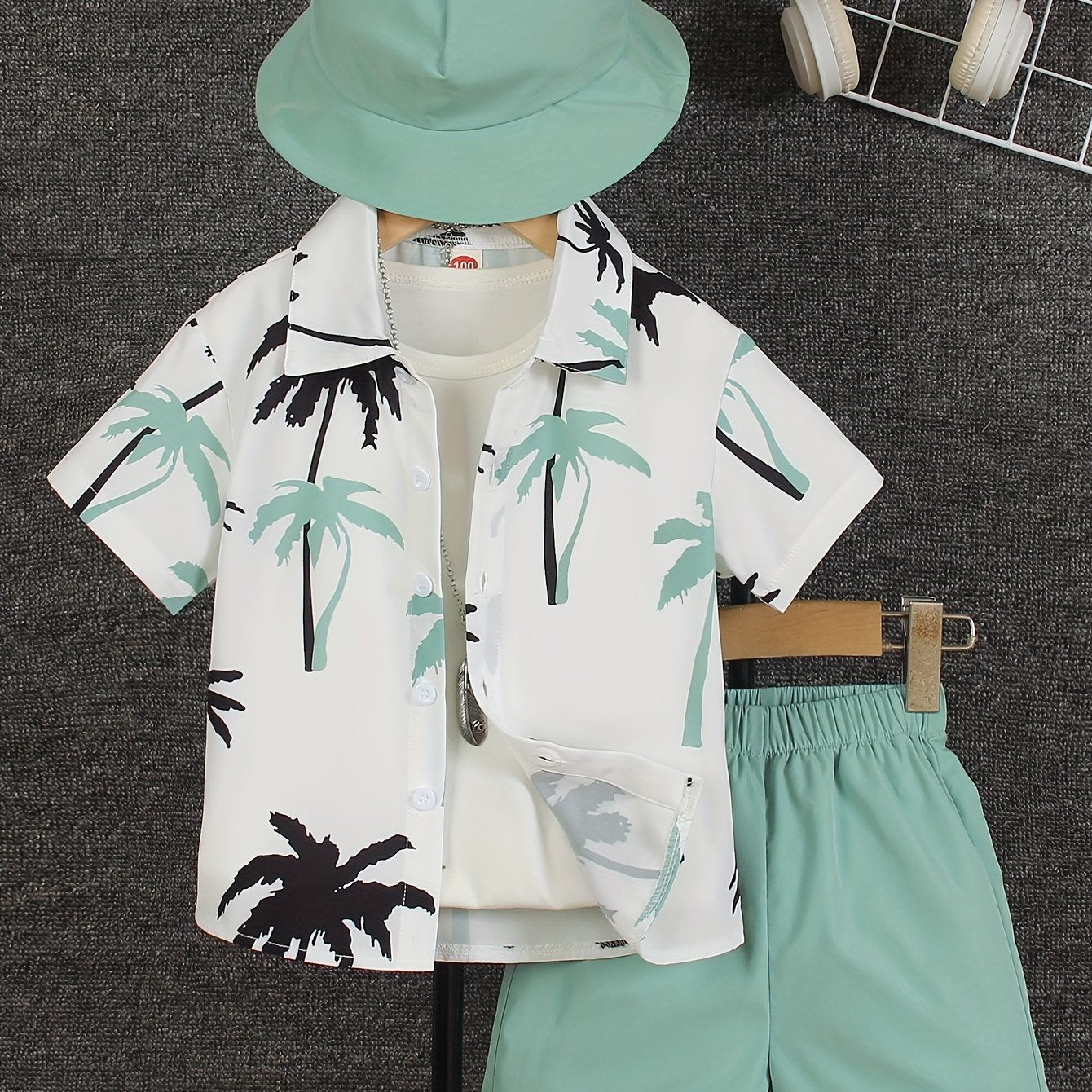 Boys' Summer Fashion Street Shirt Three-piece Set Only Selling Hats, Shirts and Shorts, Perfect for Outdoor