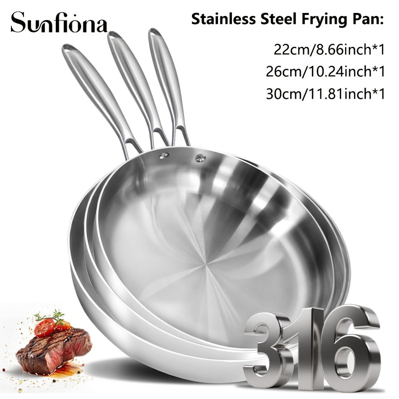 3pcs Sunfiona 316 Stainless Steel Bright Surface Frying Pan, Three-Layer Steel Material, Uncoated Frying Pan, Long-Handled Frying Pan, Wok, Suitable for A Variety Of Induction Cookers, Ovens, Fast Heating, Dishwasher Safe, Ho