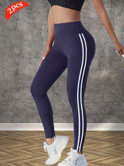 2pcs Women'S High-Waisted Yoga Pants - Side Stripe, Outdoor Sports Tights, Butt-Lifting Tummy Control Leggings, Comfortable Breathable Wide Waistband