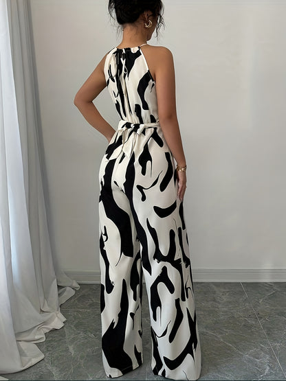 Elegante macacão feminino com ombros à mostra, estampado abstrato a preto e branco, pernas largas e atilhos na cintura - tecido de poliéster, perfeito para as férias e para um toque de elegância no dia a dia.