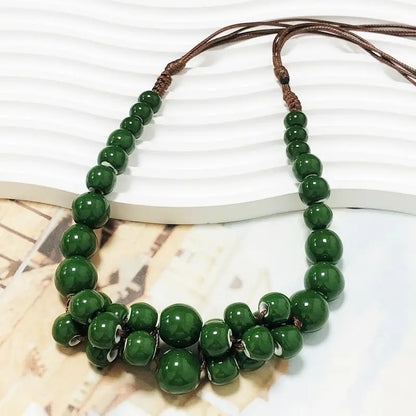Handwoven Bohemian Women's Necklace - Marbled Ceramic Beads in Earthy Brown/Green/Blue/Golden/Black, Chunky Multi-Color Large Bead Statement Jewelry, Year-Round Versatile Boho-Chic Accessory for Daily Wear & Special Occasions