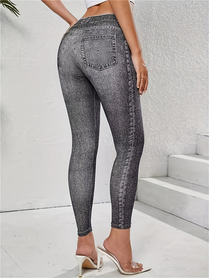 【imitation denim】New Women'S Fashion Casual Trendy Comfortable Breathable High-Waisted Stretchy Blue Faux Denim-Like Printed Leggings for Daily Commuting, Enhancing The Hips And Waist, Women'S Base Layer Pants, Fitted Leg