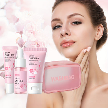 Kit de cuidados de pele LAIKOU Sakura com 3 peças - Kit de viagem com sérum, creme facial e creme de olhos (17ml, 30g - Niacinamida e Vitamina C, Ácido Hialurónico, Todos os tipos de pele, Unissexo, Essenciais de beleza | Estética Rosa | Kit compacto