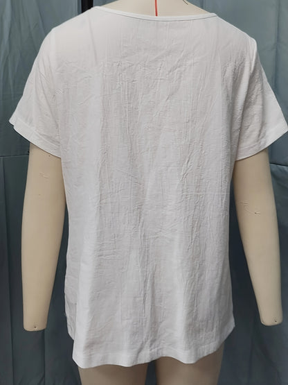 Floral Print Crew Neck Blouse, Casual Short Sleeve Blouse For Spring & Summer, Women's Clothing
