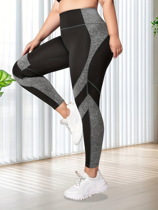 Plus Size Women'S High-Waisted Yoga Pants - Tummy Control & Booty Lifting Workout Leggings with Color Block Design, 4-Way Stretch Non-See-Through Fabric for Running, Gym, Fitness & Casual Wear, Yoga Leggings, Gym Apparel, Sle