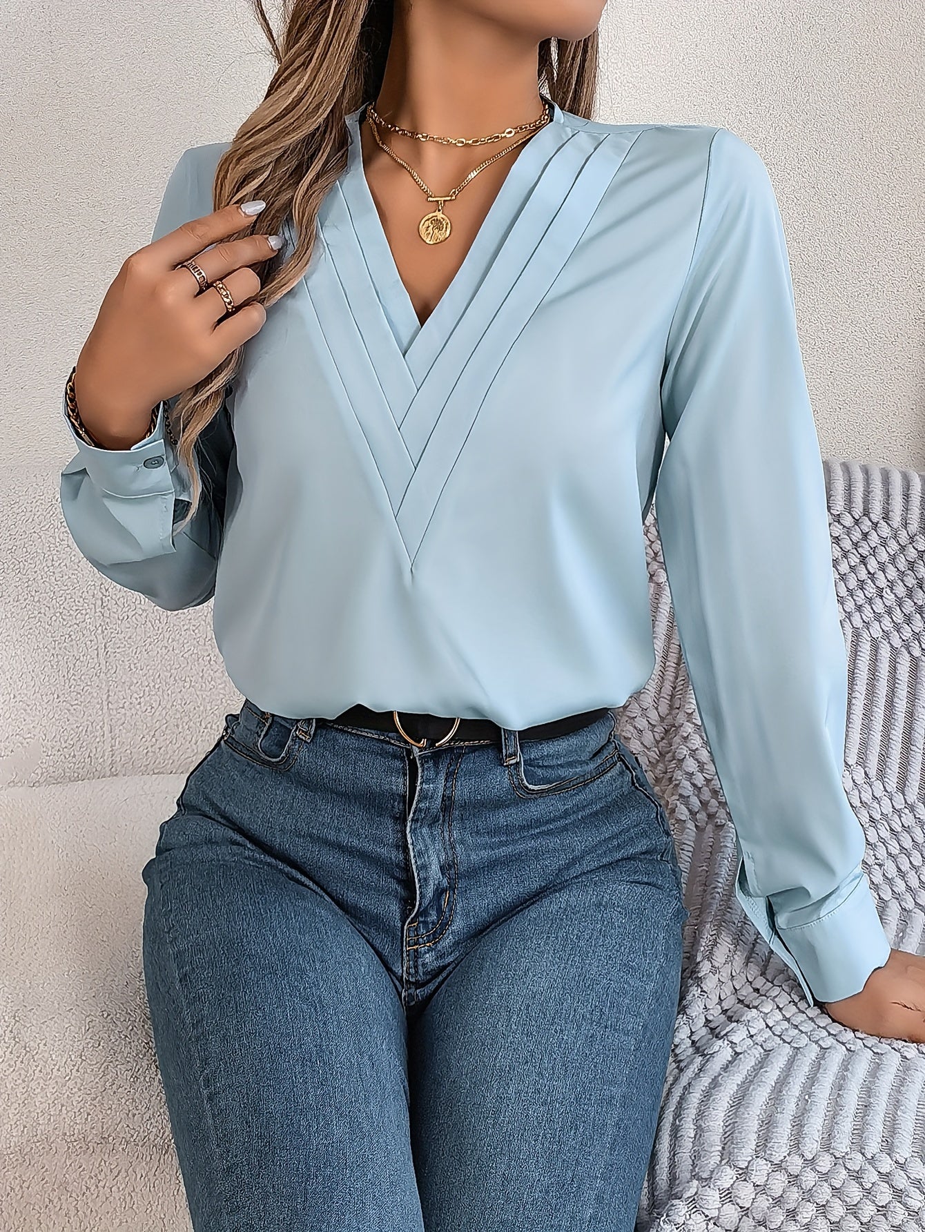Women'S Elegant V-Neck Long Sleeve Shirt, Solid Color Polyester Blouse with Triple V-Cut, 95% Polyester 5% Elastane, Woven Fabric, 120g/m², for Spring/Summer/Fall - Adult