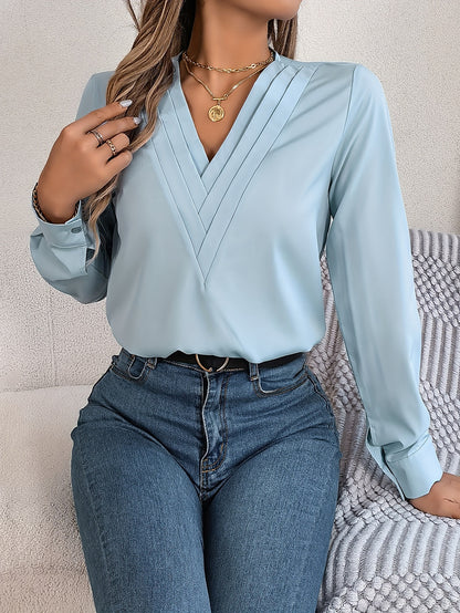 Women'S Elegant V-Neck Long Sleeve Shirt, Solid Color Polyester Blouse with Triple V-Cut, 95% Polyester 5% Elastane, Woven Fabric, 120g/m², for Spring/Summer/Fall - Adult