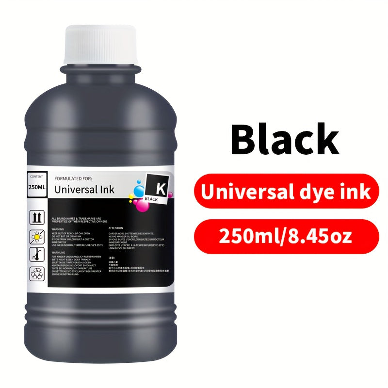 Dye Ink Cartridge Filling for Canon, Epson, HP, and Brother Printers - 250ml/8.45 oz universal ink cartridge with 4 color options (black, blue, pink, yellow) for HP 301XL, 302XL, 305XL, 304XL, PG-545, CL-546, 245, 246, 745 - H