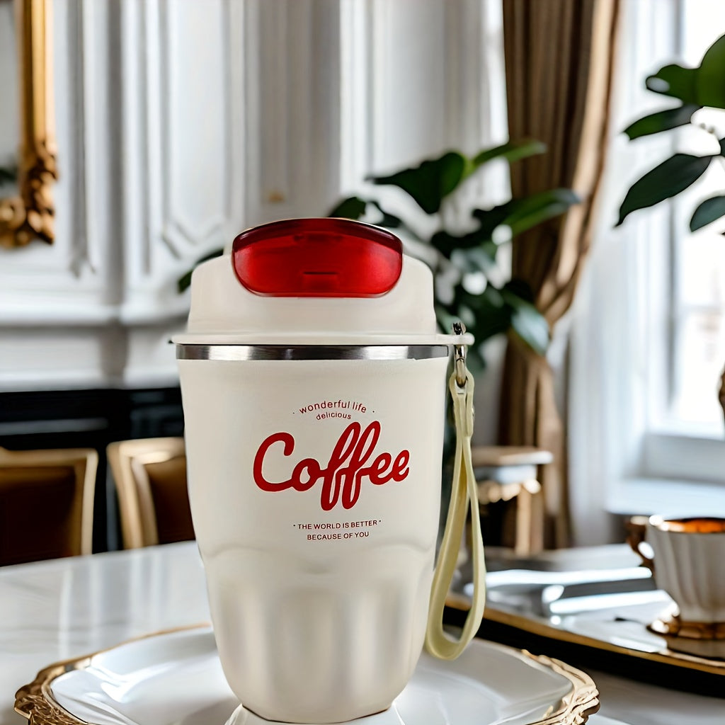 Caneca térmica elegante em aço inoxidável com pega de transporte - Portátil e resistente para aventuras ao ar livre.