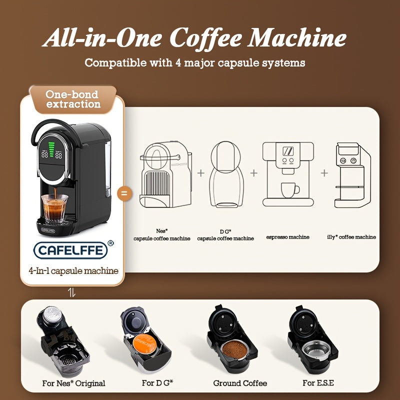 CAFELFFE 4-in-1 Capsule Coffee Machine | 19 Bar Espresso Maker | Smart Temp Control & 7 Preset Brewing Times | Compatible with Nes/DG/ Capsules Ground Coffee/ESEpod | Premium Gift Set for Coffee Lovers & Family, Automatic Esp