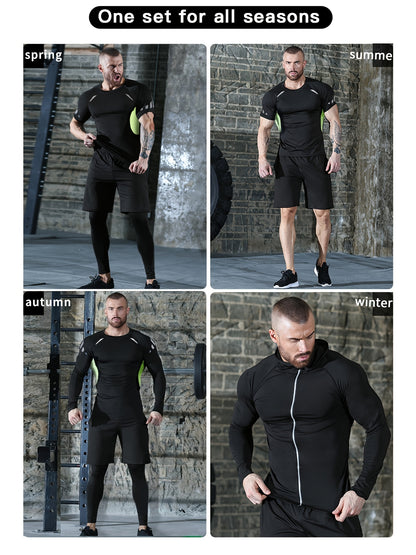 Xinso Prince 5pcs Men's Zip Up Hooded Jacket & Compression T-shirt & Long Sleeve Workout Top & Shorts & Leggings For Fitness
