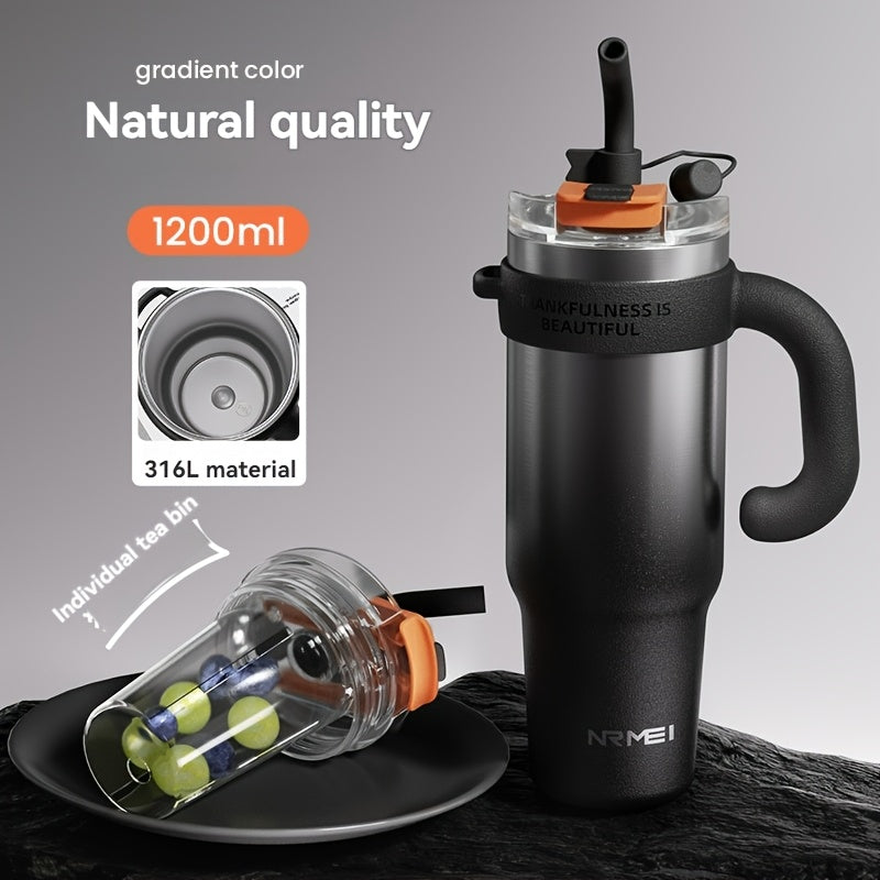NRMEI 40oz Stainless Steel Water Bottle with Handle - Double Mouth - Leak-Proof - Suitable for Car Cup Holder