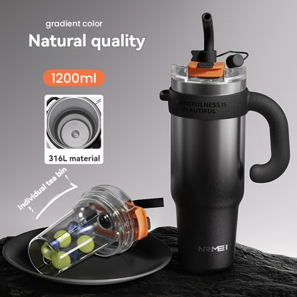 NRMEI 40oz Stainless Steel Water Bottle with Handle - Double Mouth - Leak-Proof - Suitable for Car Cup Holder
