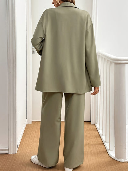 Autumn Top + Pants Set: Women's Solid Color Button-Up Shirt and Wide-Leg Flare Pants, Long Sleeve Outfit for Work Casual Wear