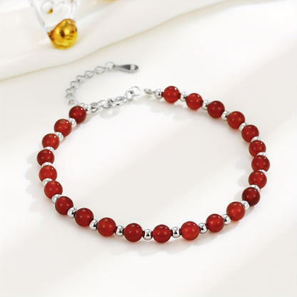 925 Pure Silvery Material Versatile Round Bead Red Agate Bracelet, Temperament Jewelry, Light Luxury Style, Gemstone Bead Bracelet, Women's Trendy Accessory, Gift Box Included