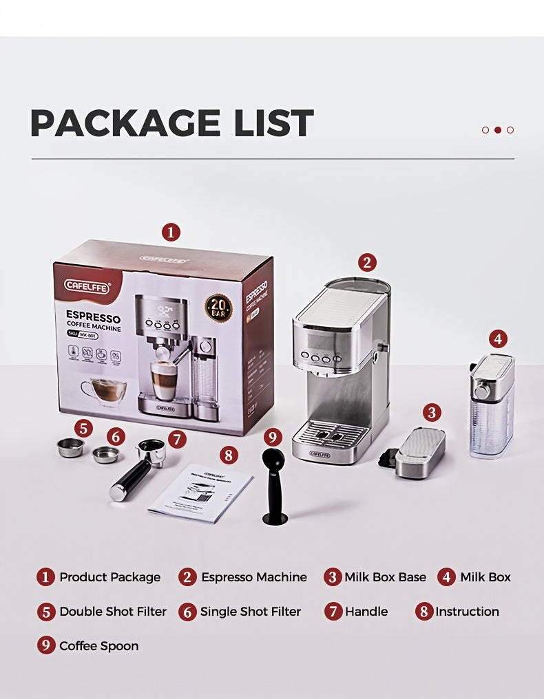 CAFELFFE Semi-Automatic Espresso Machine MK801 with Automatic Milk Frothing System, One-Touch Operation for Espresso, Latte & Cappuccino, 20BAR High Pressure, 1.3L Water Tank & 0.7L Milk Tank, Self-Cleaning Function, 1350W Po