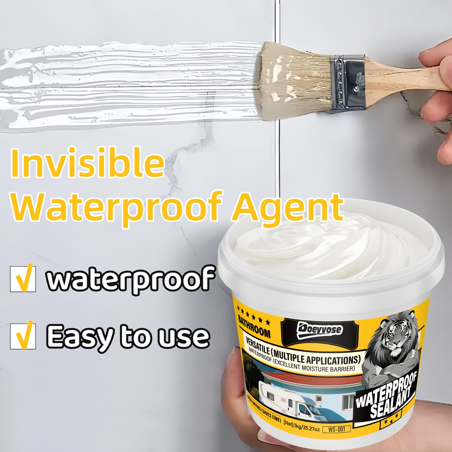 Doeyvose 1kg/35.28oz Heavy-Duty Waterproof Sealant - White Quick-Dry Multi-Purpose Instant Leak Repair for Roofs, Floors,, RV, Boat, Shower - Strong Bonding Agent, Paintable & Coating (No Color Change)