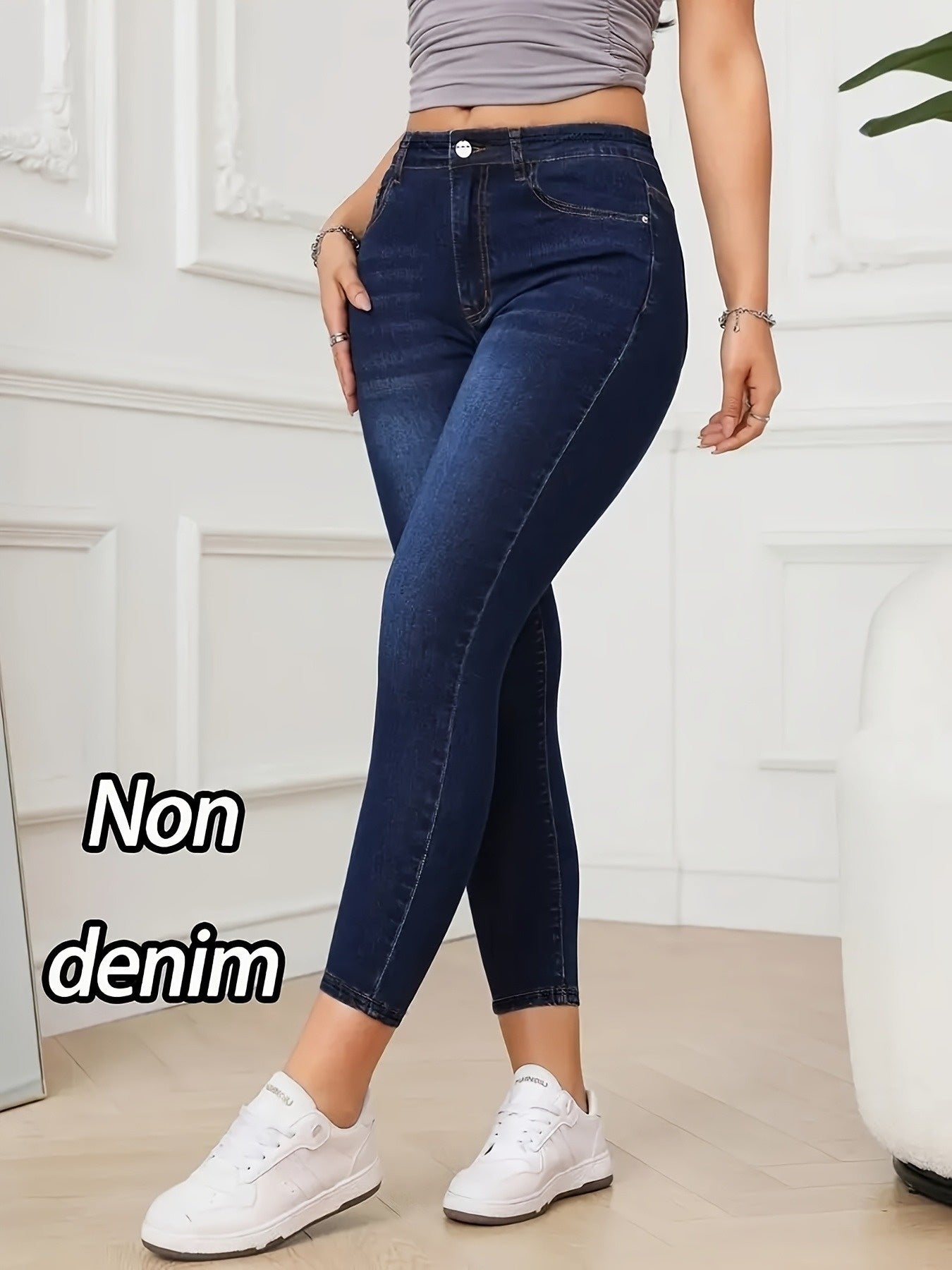 [Denim Print/Imitation Denim] Women's High-Waisted Stretchy Imitation Denim Leggings - Non-Denim Fabric Tight-Fitting Pants with Elastic Waistband, 9/10 Length Ankle Coverage, All-Season Casual to Semi-Formal Wear, Machine Wa