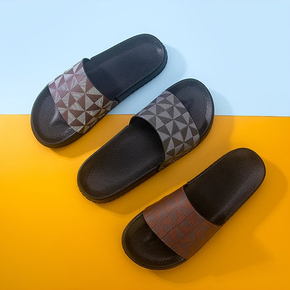 Men's Summer Slide Sandals - Non-Slip Soft Sole Casual Slippers with Geometric Pattern, Black & Gray, Comfortable for Indoor & Outdoor Use
