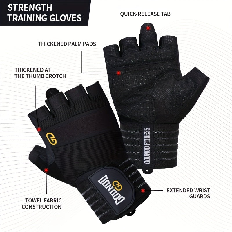 1 Pair GOUNOD Weightlifting Gloves - Reinforced Thumb Crotch, Sturdy Slip-Resistant Design, Adjustable Hook-and-Loop Closure, Black with Yellow Accents for Fitness, Sports & Bodybuilding, Weightlifting Accessories, Sports Han