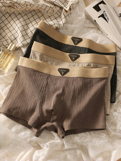 3pcs Men'S Comfortable Retro Boxer Briefs - Breathable Stretch Fabric, Solid Color (Black, Beige, Brown) with Golden Accents, Elastic Waistband &amp; Cuffs for Secure Fit, Comfortable Undergarment, Classic Boxer Design, Smooth Te