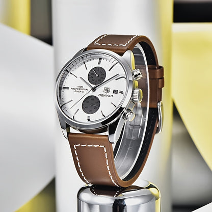 1pc New BENYAR Men's PU Leather Quartz Wristwatch, Men's 100M Multifunctional Watch Military Sports Chronograph Watch For Men