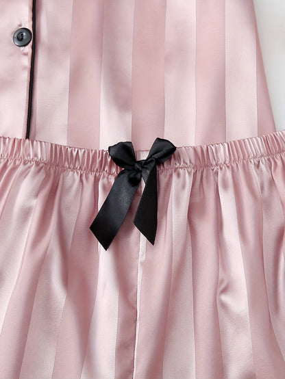 2 Sets Women's Striped Satin Casual Pajama Set, Short Sleeve Buttons Lapel Top & Shorts, Comfortable Relaxed Fit