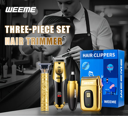 WEEME 4pcs Men'S Golden Electric Hairdresser Set, Household Beard Building Kit. Electric Hair Clipper + Electric Shaver + Electric Nose Hair Trimmer + Fine Trimmer. Used for Home, Car and Travel. Gifts for Fathers, Husbands,