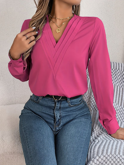 Women'S Elegant V-Neck Long Sleeve Shirt, Solid Color Polyester Blouse with Triple V-Cut, 95% Polyester 5% Elastane, Woven Fabric, 120g/m², for Spring/Summer/Fall - Adult