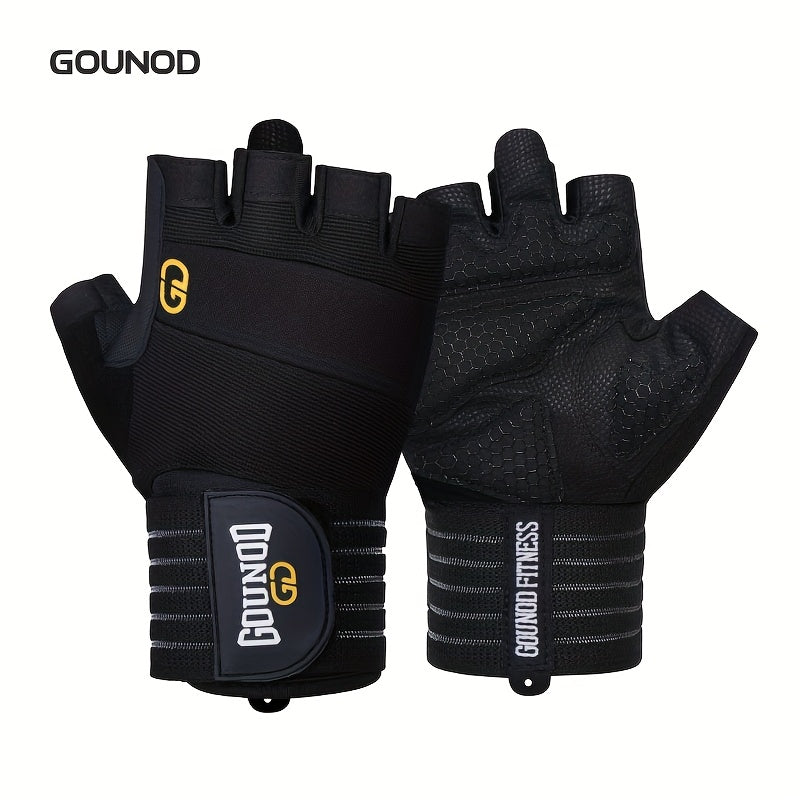 1 Pair GOUNOD Weightlifting Gloves - Reinforced Thumb Crotch, Sturdy Slip-Resistant Design, Adjustable Hook-and-Loop Closure, Black with Yellow Accents for Fitness, Sports & Bodybuilding, Weightlifting Accessories, Sports Han