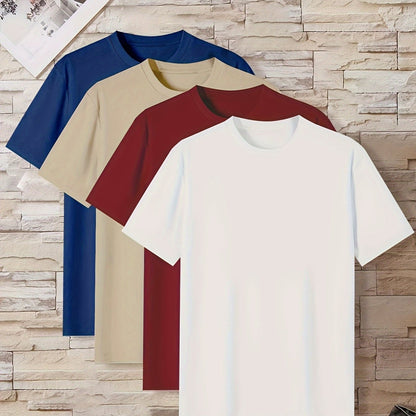 4 Pcs Of Men's Simple Style Casual Solid Color Tees, Comfy Short Sleeve Crew Neck T-shirt Home Pajamas Top Men's Summer Outdoor Clothing